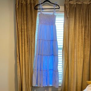 Caitlin Covington x Pink Lily blue and white striped tiered maxi dress NWT